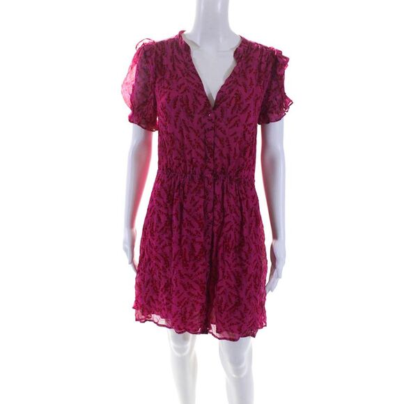 Ba&Sh Womens Floral Print Shirt Sleeves A Line Dress Fuchsia Pink Red Size 6 - Picture 1 of 5